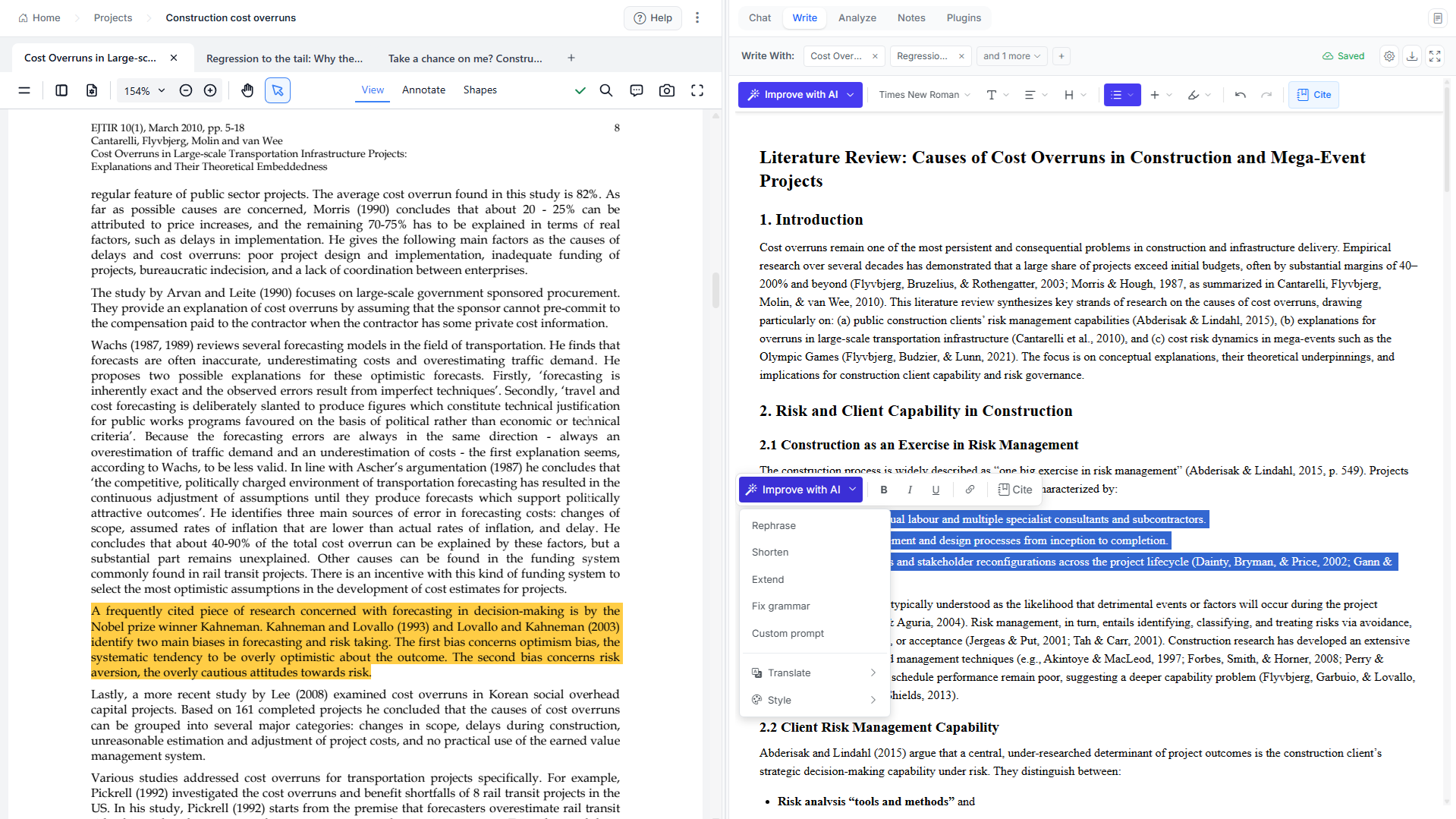 Avidnote Write tab: a paper beside the editor with the Improve with AI popup on a highlighted passage