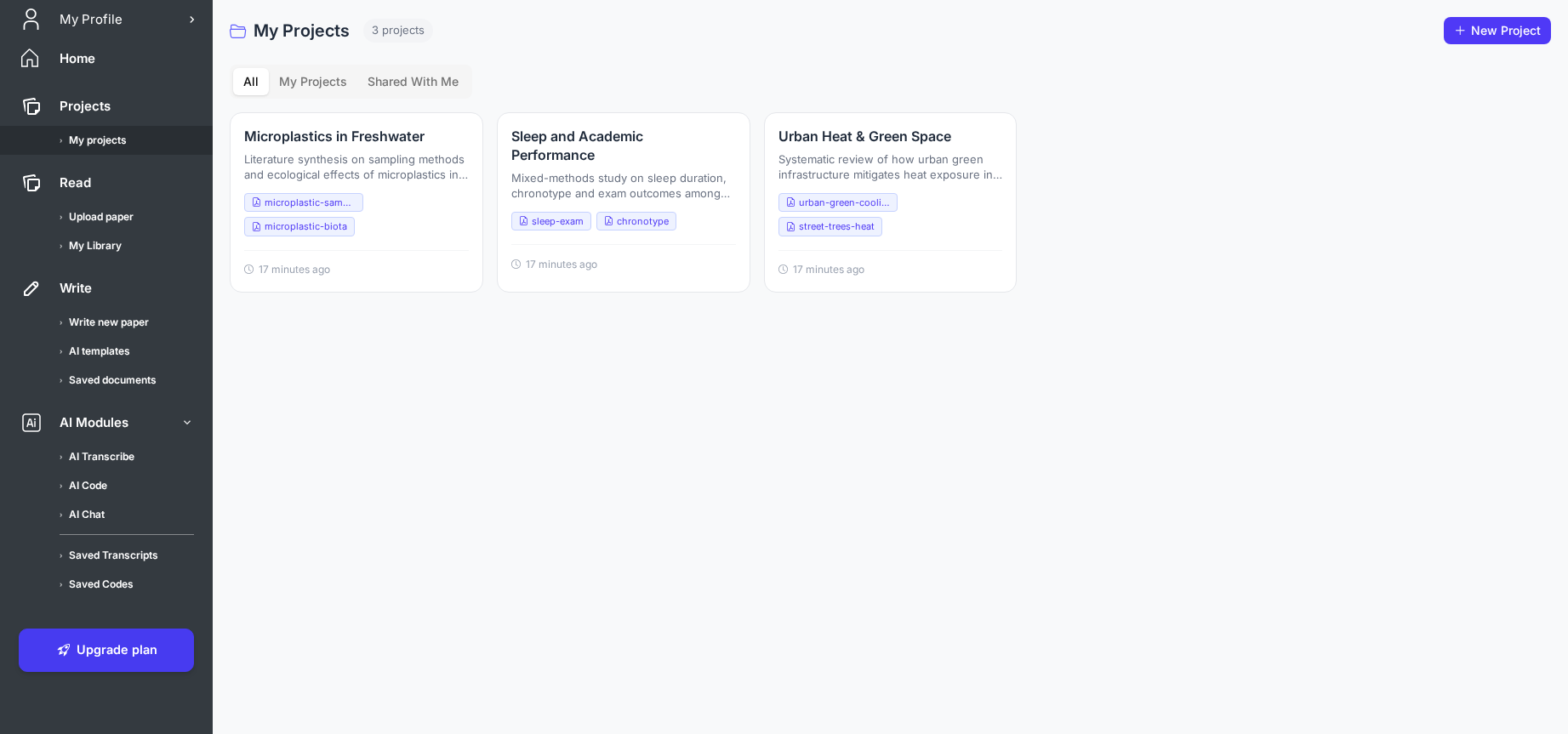 Avidnote Projects list with three research projects and their papers